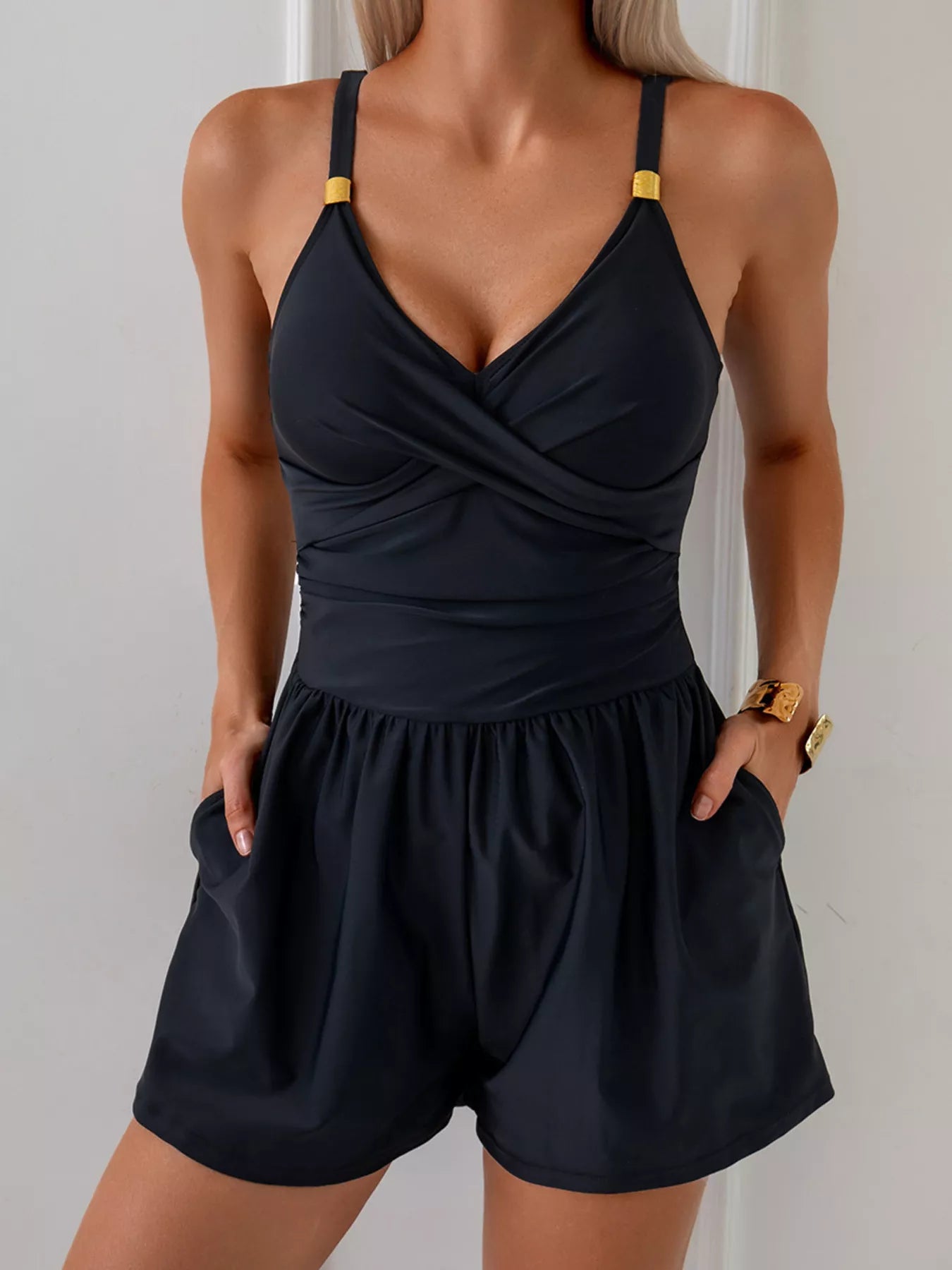 V-Neck Spaghetti Strap Swim Romper - Premium variable from Tooksie - Just $37.99! Shop now at Tooksie