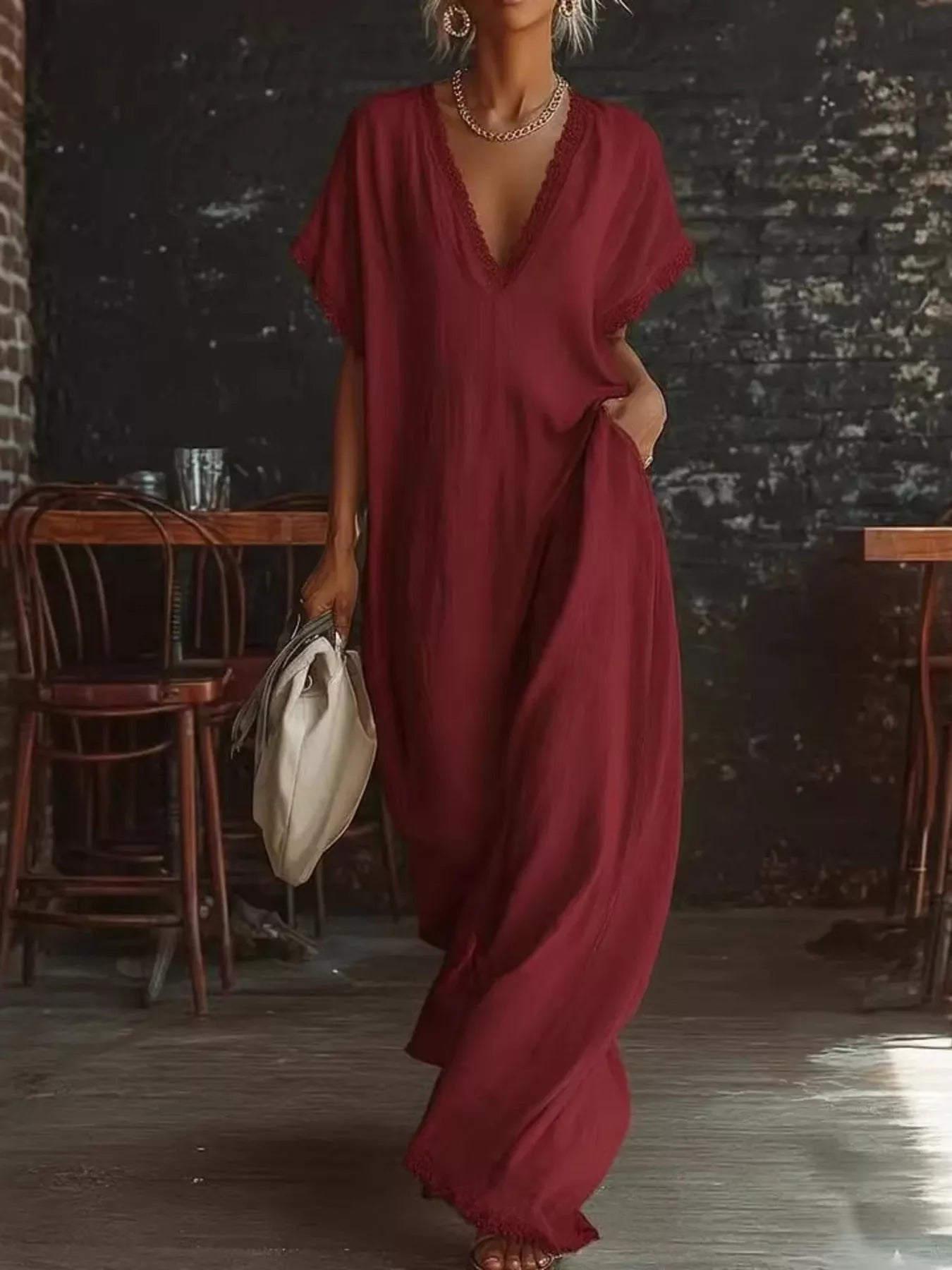 Lace Trim V-Neck Maxi Dress - Premium variable from Tooksie - Just $38.99! Shop now at Tooksie