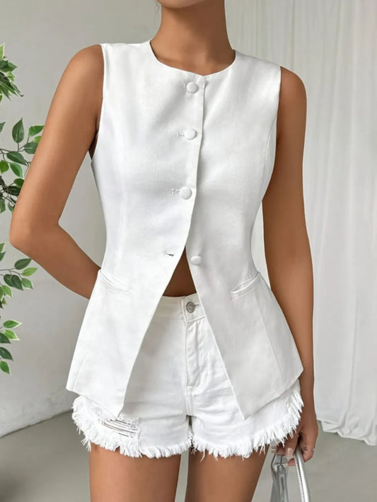 Button Down Round Neck Vest - Premium variable from Tooksie - Just $56.99! Shop now at Tooksie