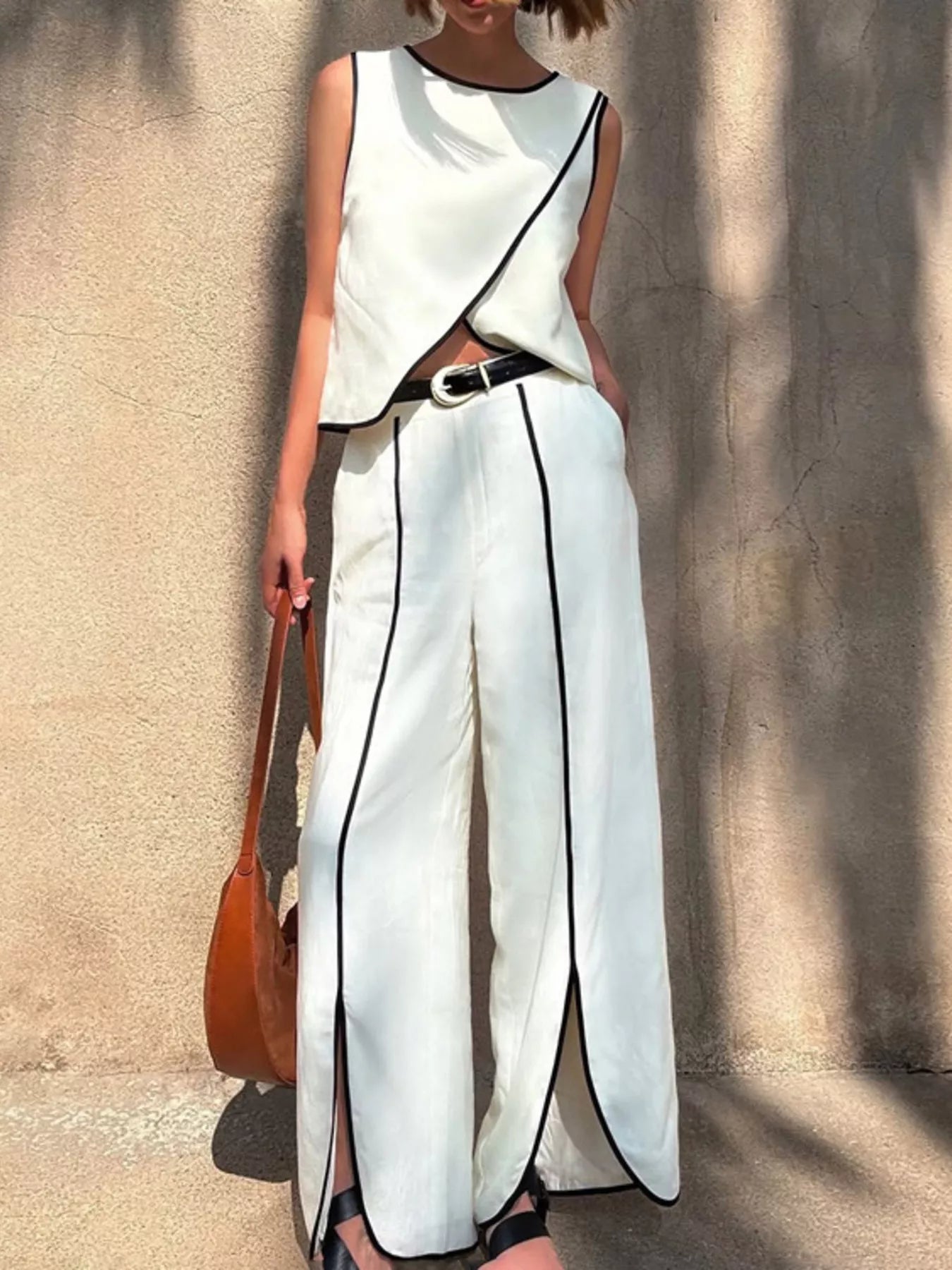 Contrast Trim Sleeveless Top and Wide-Leg Trouser Set - Premium variable from Tooksie - Just $76.99! Shop now at Tooksie