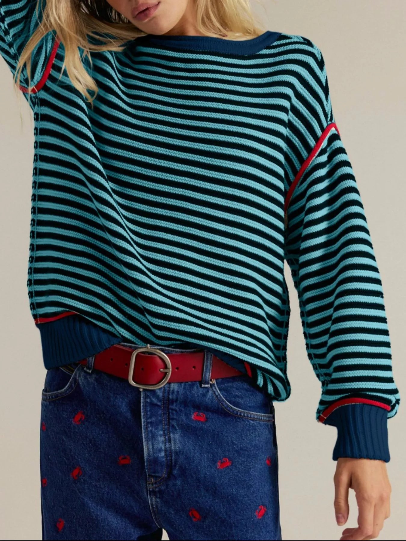 Striped Crew Neck Sweater - Premium variable from Tooksie - Just $43.99! Shop now at Tooksie