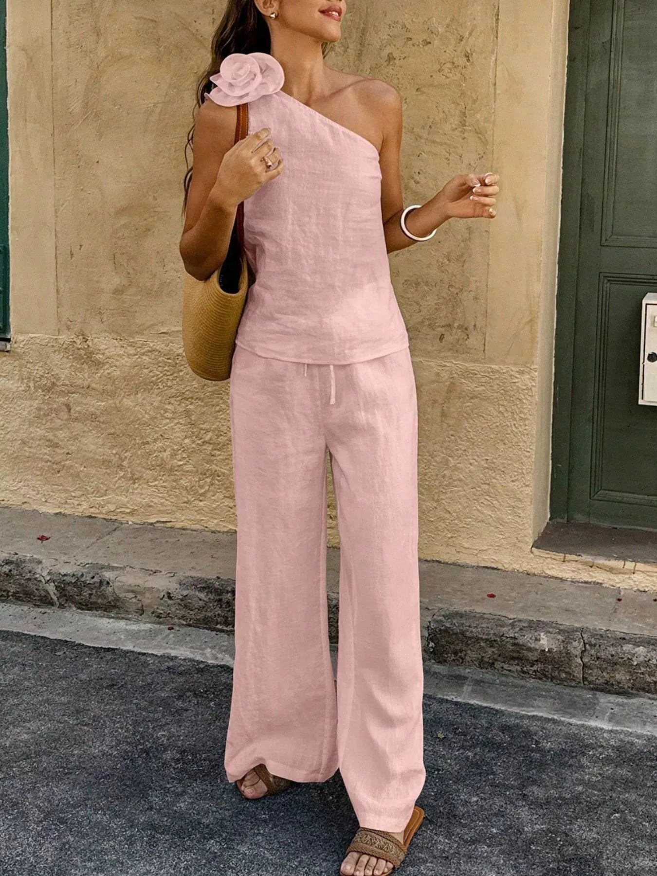 One-Shoulder Floral Embellished Top and Trouser Set - Premium variable from Tooksie - Just $46.99! Shop now at Tooksie