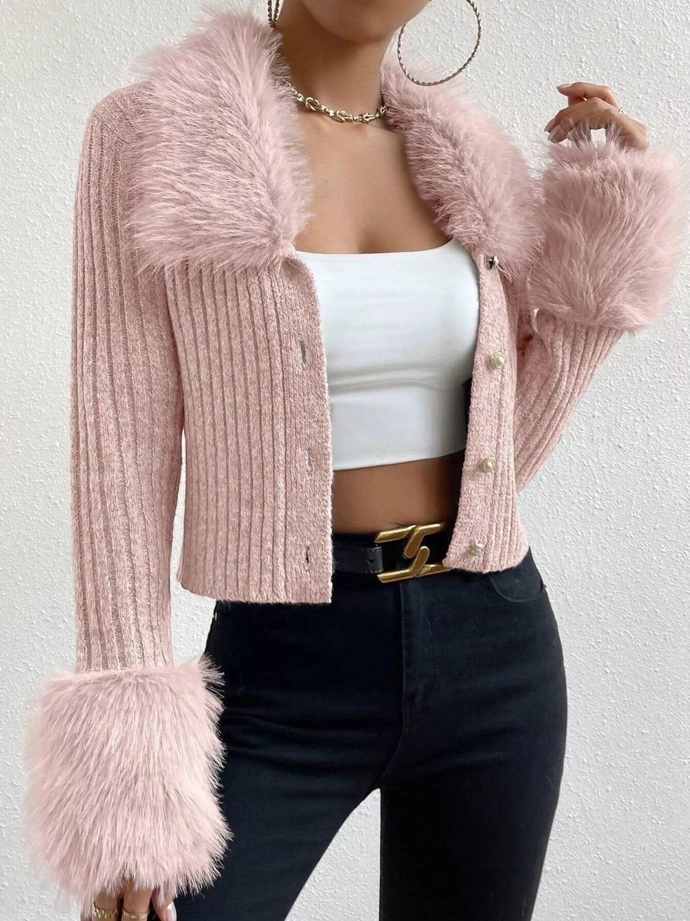 Faux Fur Trim Ribbed Knit Cropped Cardigan - Premium variable from Tooksie - Just $49.99! Shop now at Tooksie