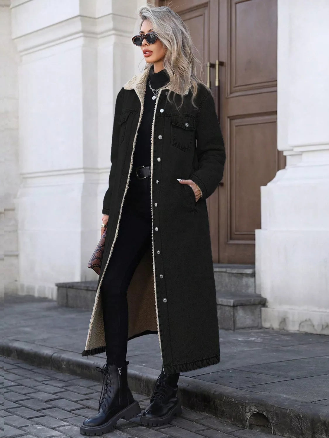 Sherpa Lined Longline Denim Jacket - Premium variable from Tooksie - Just $118.99! Shop now at Tooksie