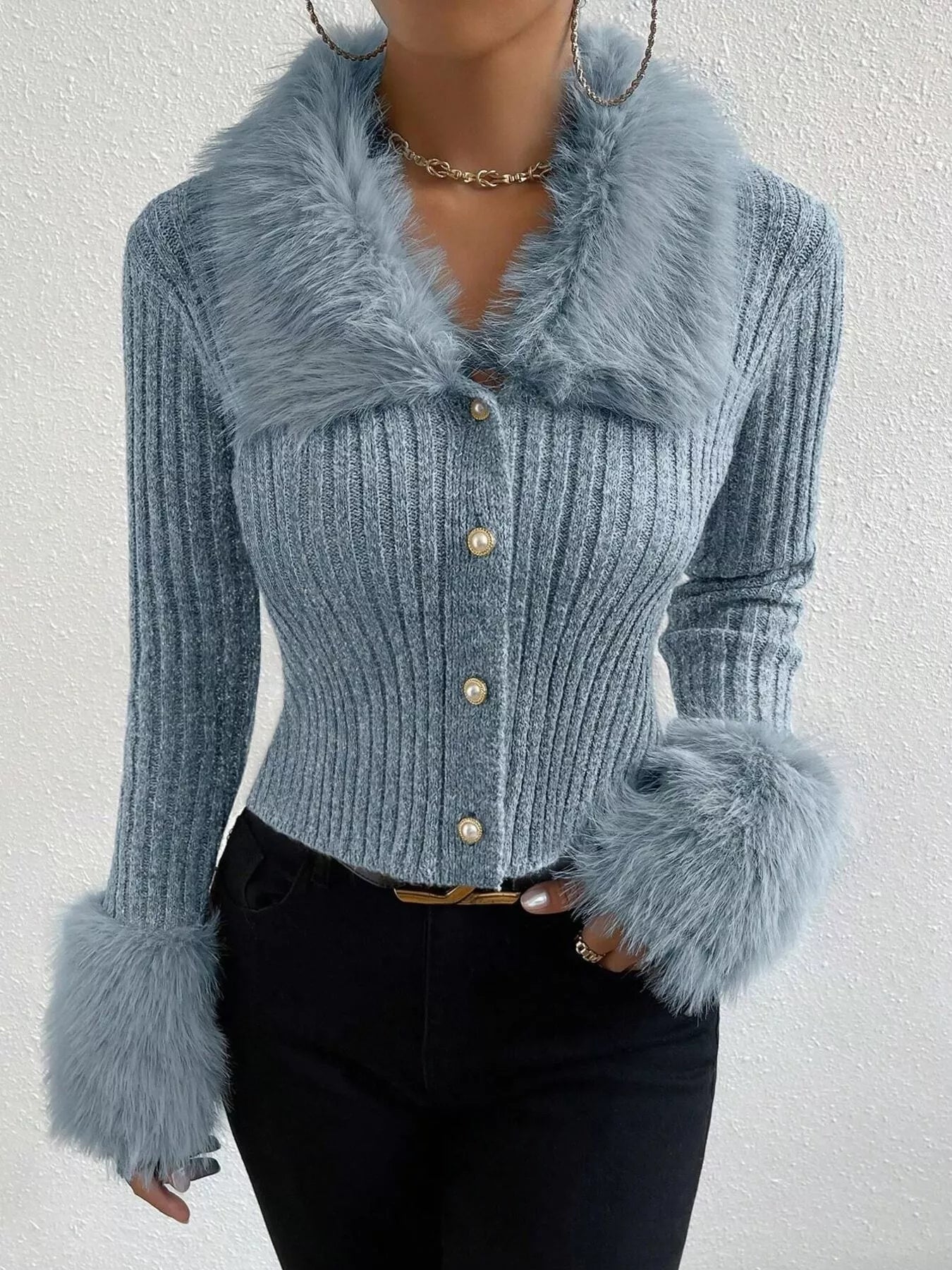 Faux Fur Trim Ribbed Knit Cropped Cardigan - Premium variable from Tooksie - Just $49.99! Shop now at Tooksie