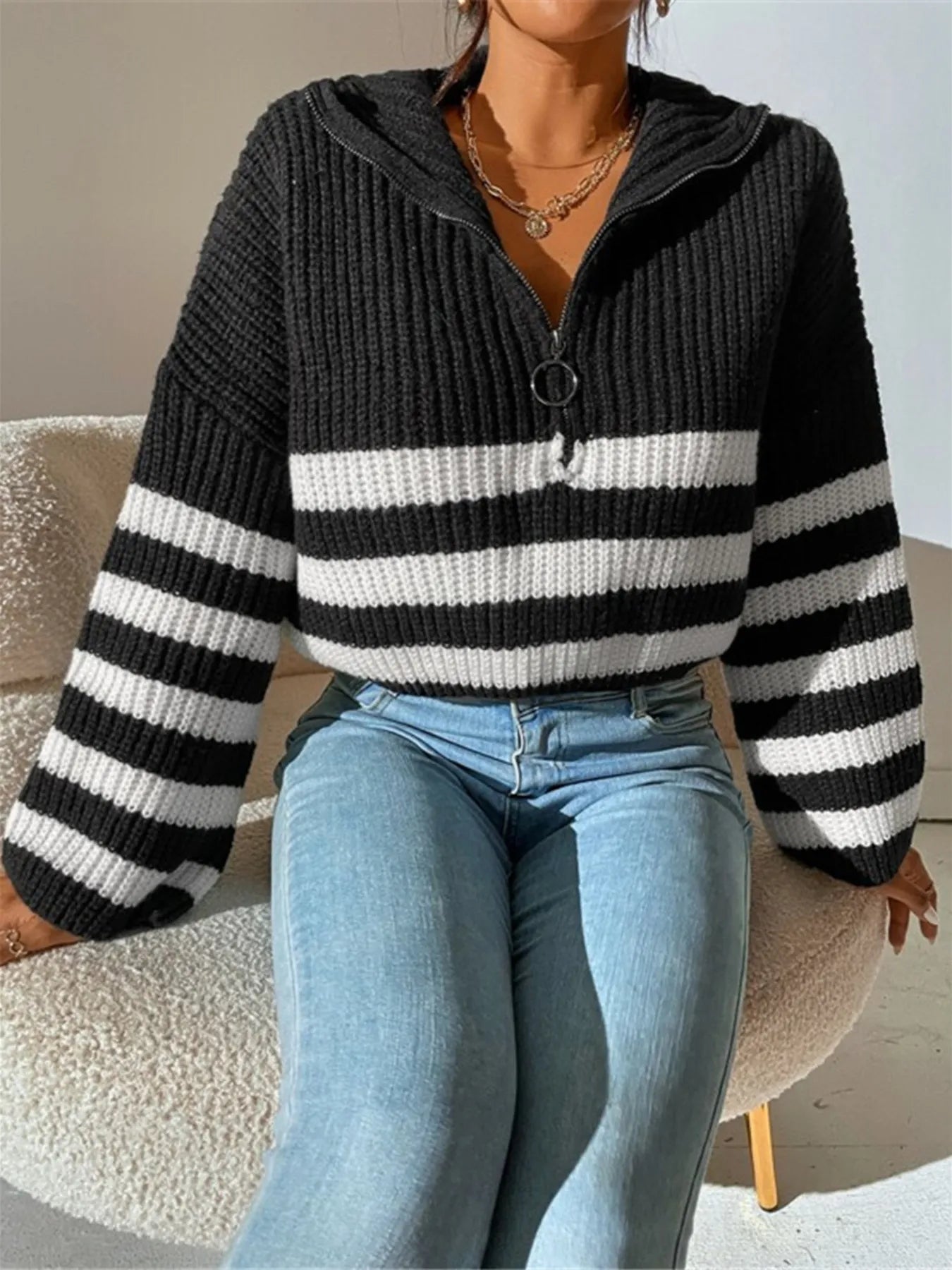 Striped Half Zip Cropped Sweater - Premium variable from Tooksie - Just $39.99! Shop now at Tooksie