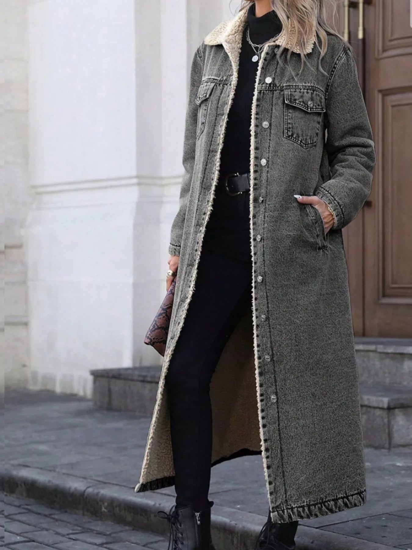 Sherpa Lined Longline Denim Jacket - Premium variable from Tooksie - Just $118.99! Shop now at Tooksie