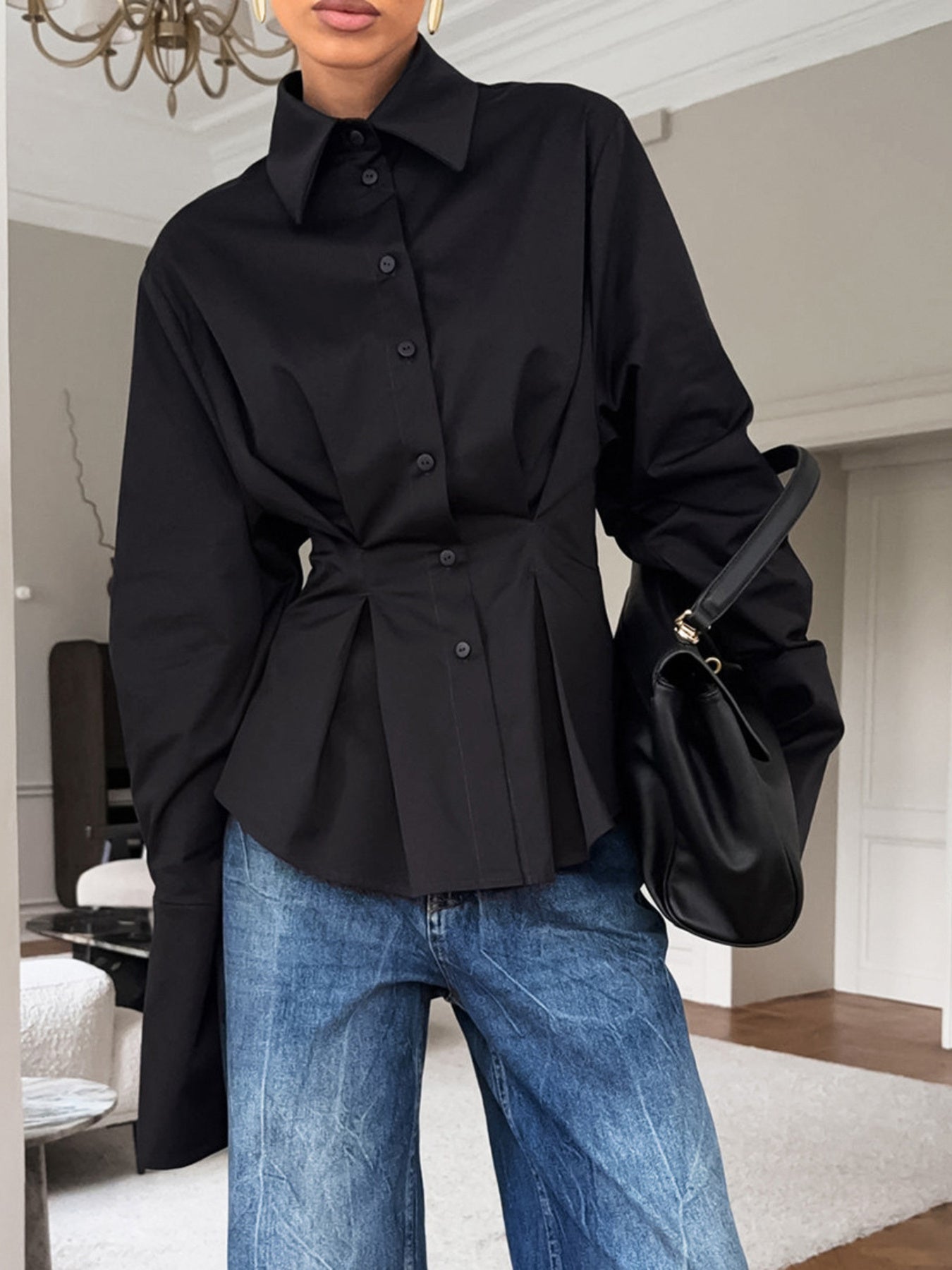 Button Up Cuff Detail Shirt - Premium variable from Tooksie - Just $46.99! Shop now at Tooksie