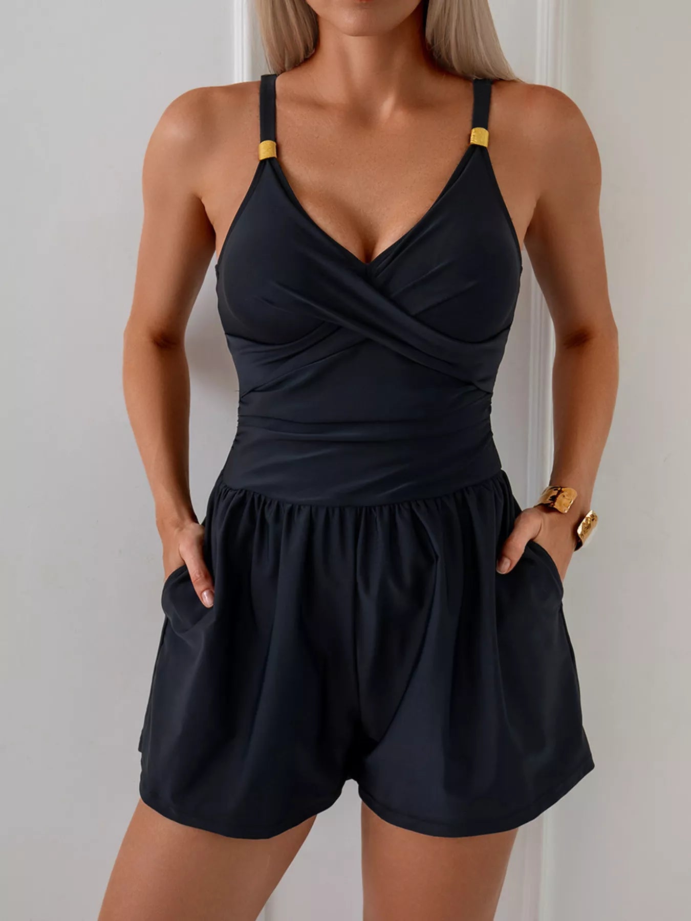 V-Neck Spaghetti Strap Swim Romper - Premium variable from Tooksie - Just $37.99! Shop now at Tooksie