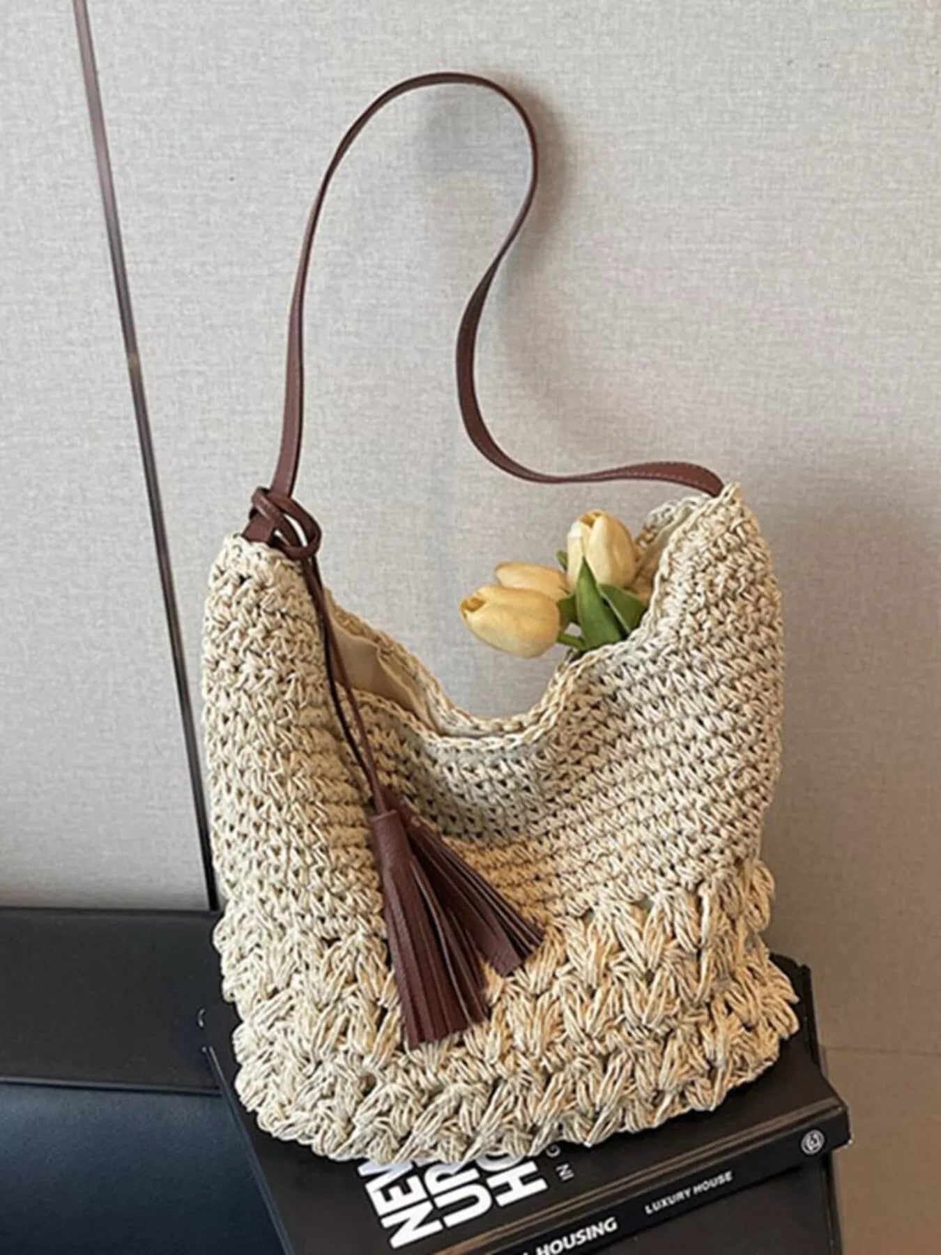Woven Straw Shoulder Bag with Tassels - Premium simple from Tooksie - Just $34.99! Shop now at Tooksie