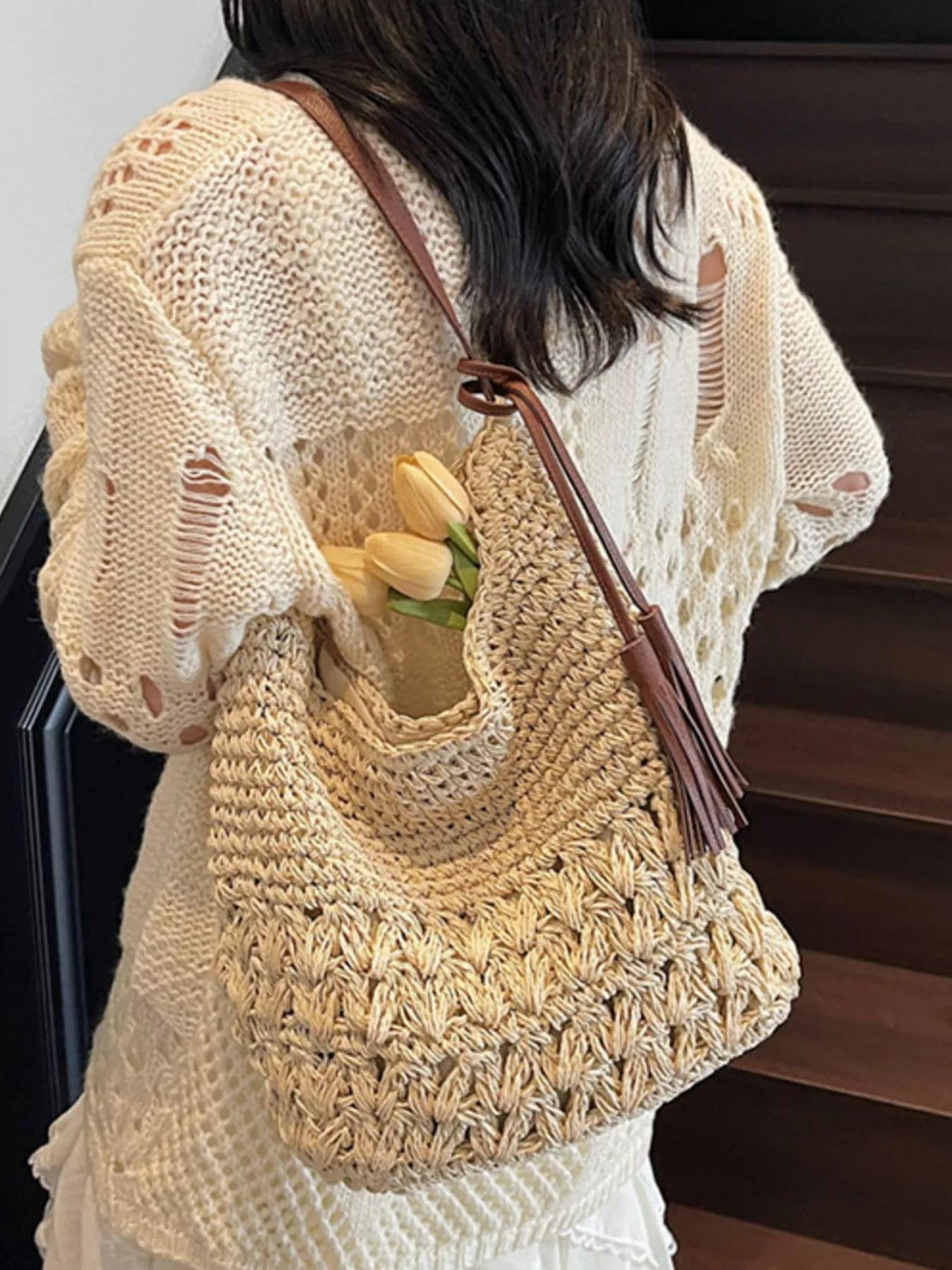 Woven Straw Shoulder Bag with Tassels - Premium simple from Tooksie - Just $34.99! Shop now at Tooksie