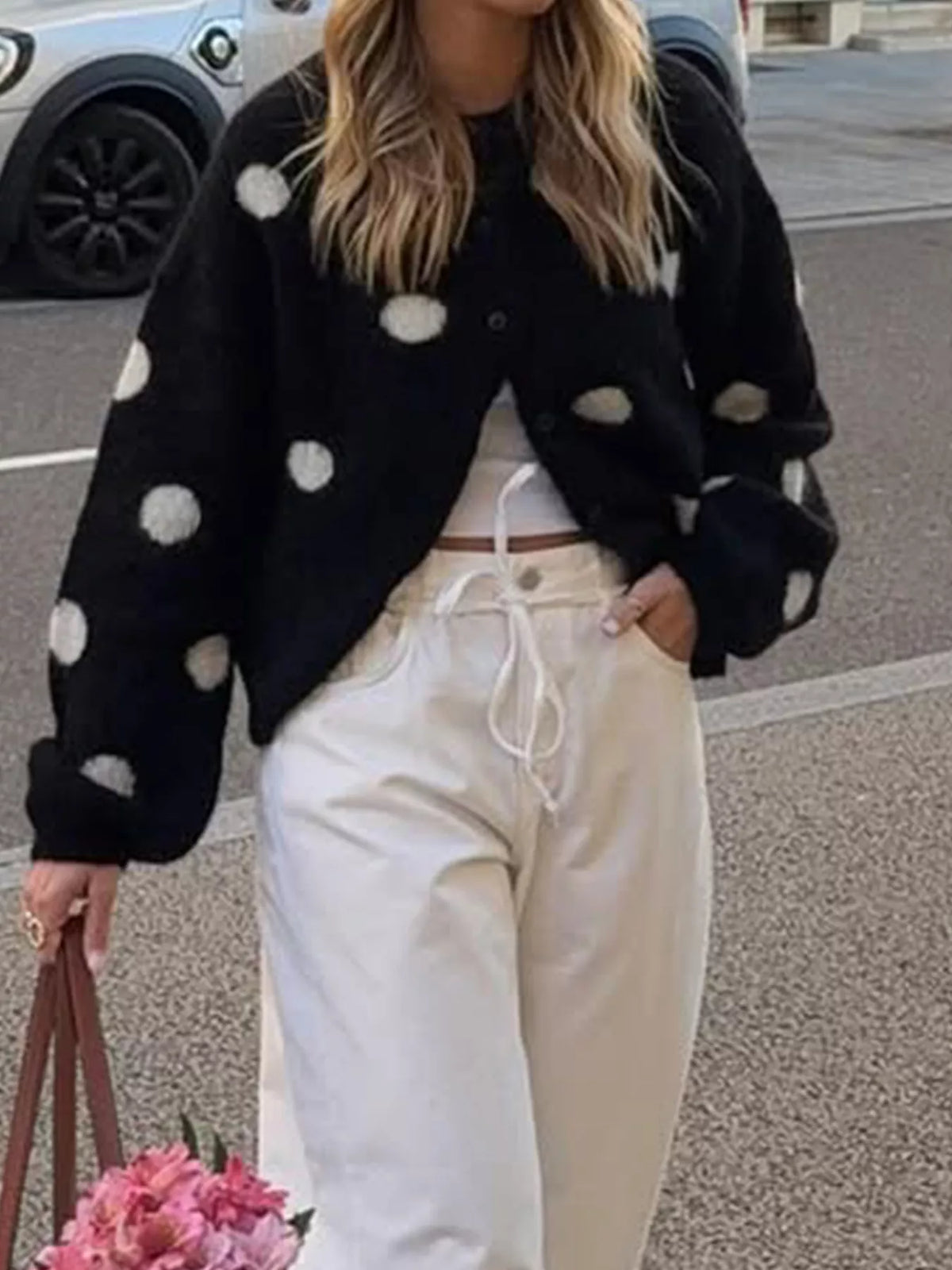 Polka Dot Fuzzy Knit Button-Up Cardigan - Premium variable from Tooksie - Just $54.99! Shop now at Tooksie