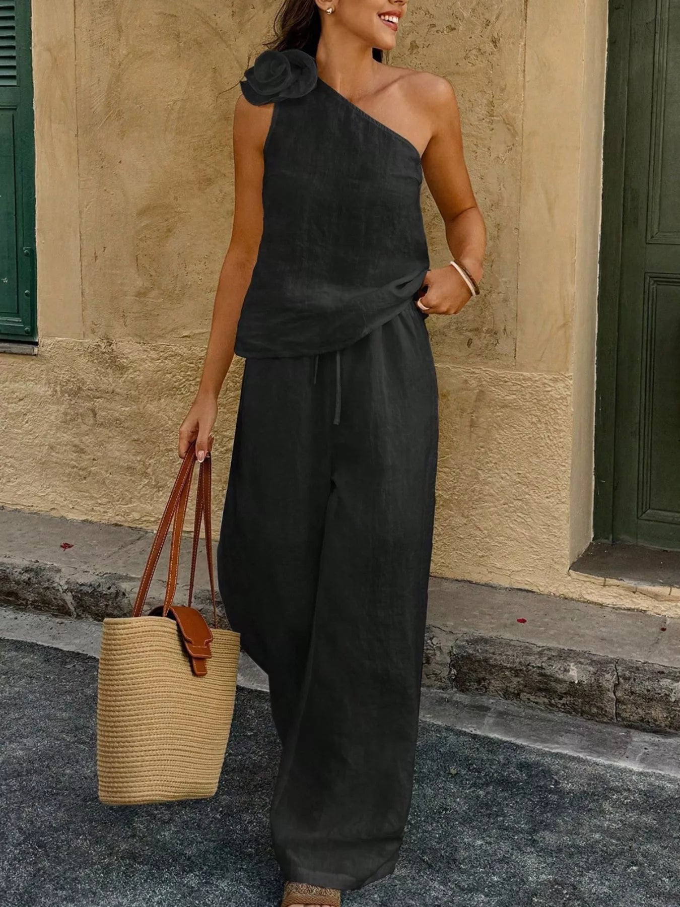 One-Shoulder Floral Embellished Top and Trouser Set - Premium variable from Tooksie - Just $46.99! Shop now at Tooksie