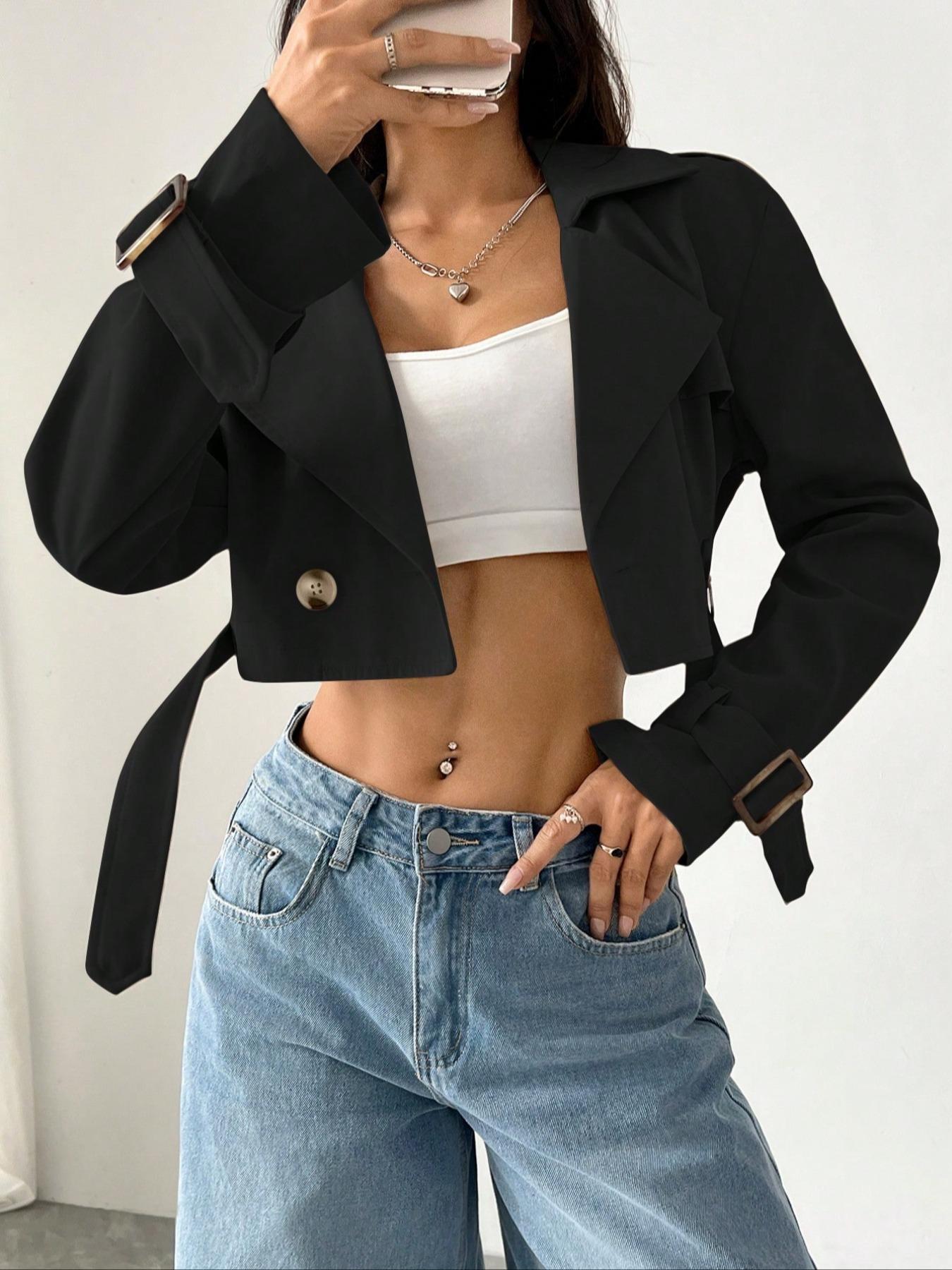 Double-Breasted Cropped Trench Coat - Premium variable from Tooksie - Just $47.99! Shop now at Tooksie