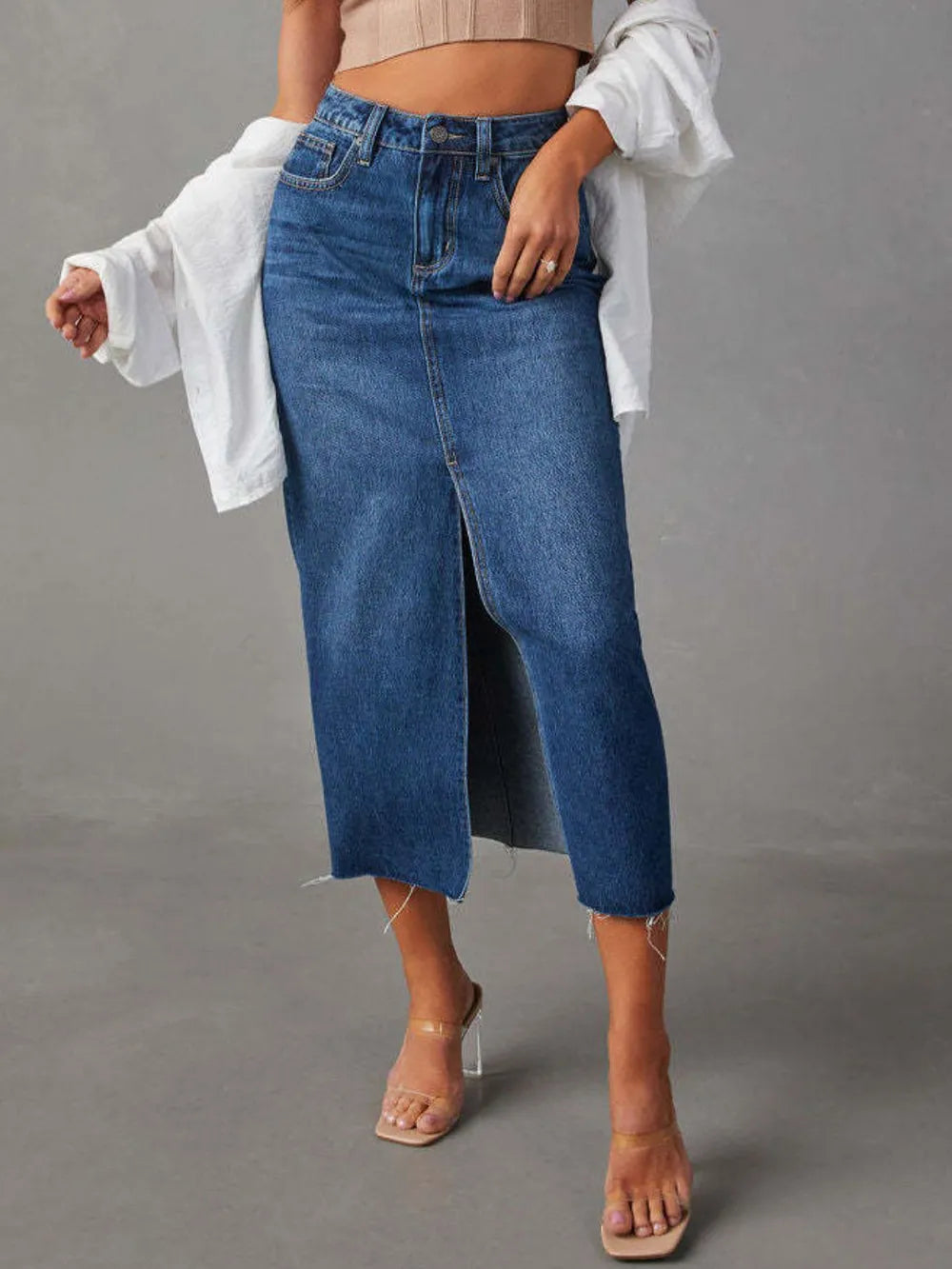 Raw Hem Front Slit Denim Midi Skirt - Premium variable from Tooksie - Just $34.99! Shop now at Tooksie