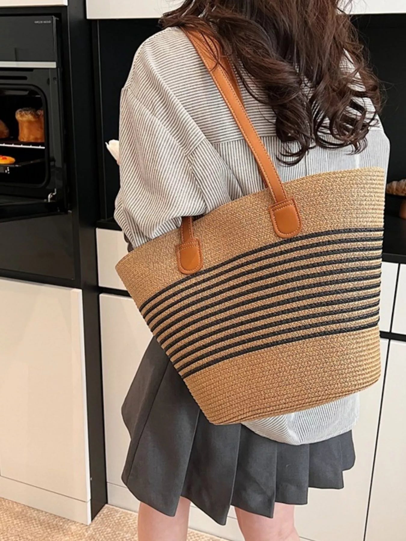 Striped Woven Straw Shoulder Bag - Premium simple from Tooksie - Just $33.99! Shop now at Tooksie