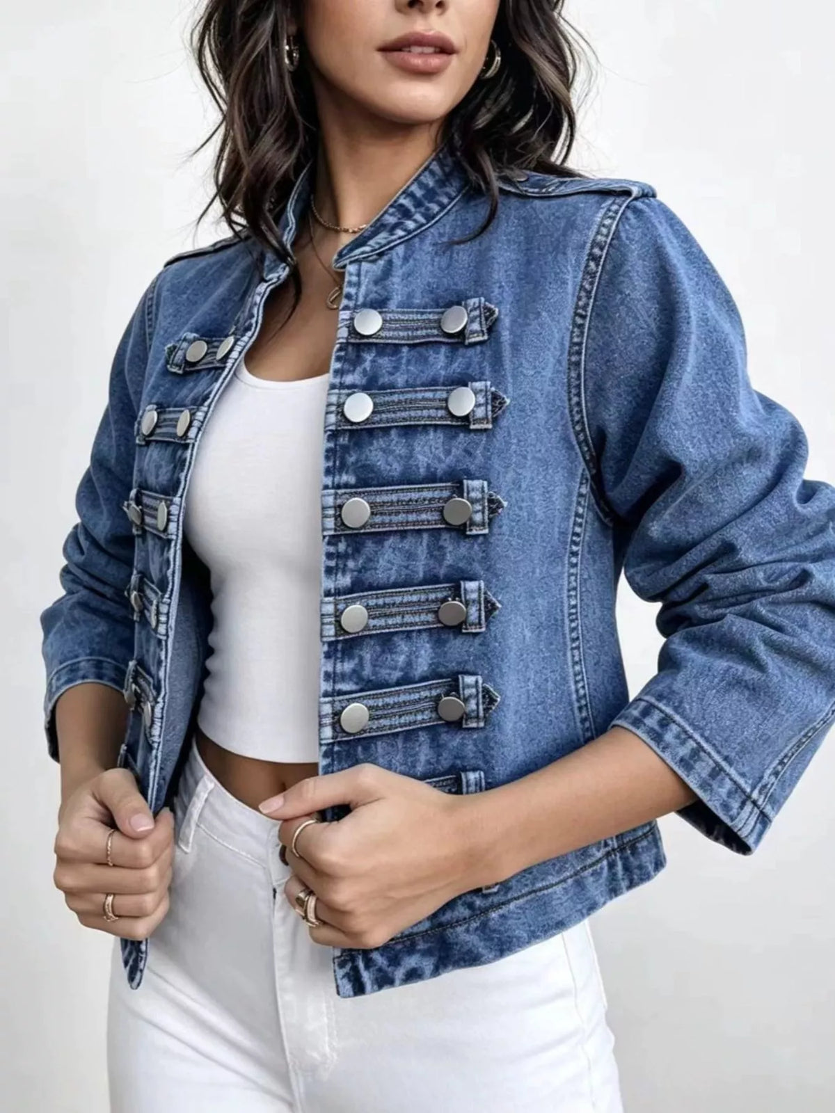 Washed Denim Military Inspired Jacket - Premium variable from Tooksie - Just $78.99! Shop now at Tooksie