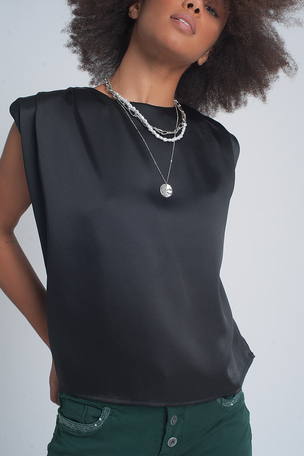 Black Gathered Satin Sleeveless Top - Premium variable from Tooksie - Just $49.90! Shop now at Tooksie