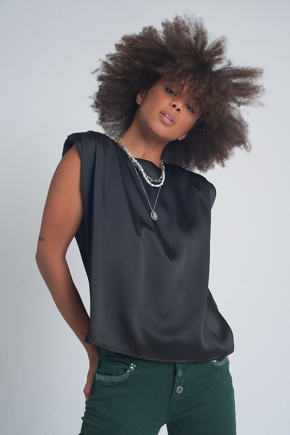 Black Gathered Satin Sleeveless Top - Premium variable from Tooksie - Just $49.90! Shop now at Tooksie