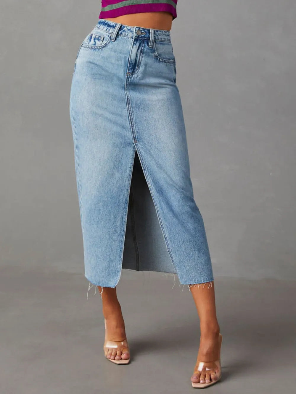 Raw Hem Front Slit Denim Midi Skirt - Premium variable from Tooksie - Just $34.99! Shop now at Tooksie