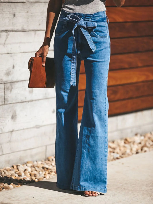 High-Waisted Tie-Front Flared Jeans - Premium variable from Tooksie - Just $50.99! Shop now at Tooksie