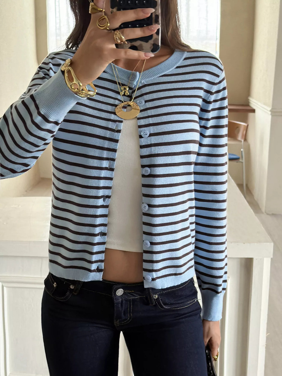 Striped Crew Neck Button-Down Cardigan - Premium variable from Tooksie - Just $48.99! Shop now at Tooksie