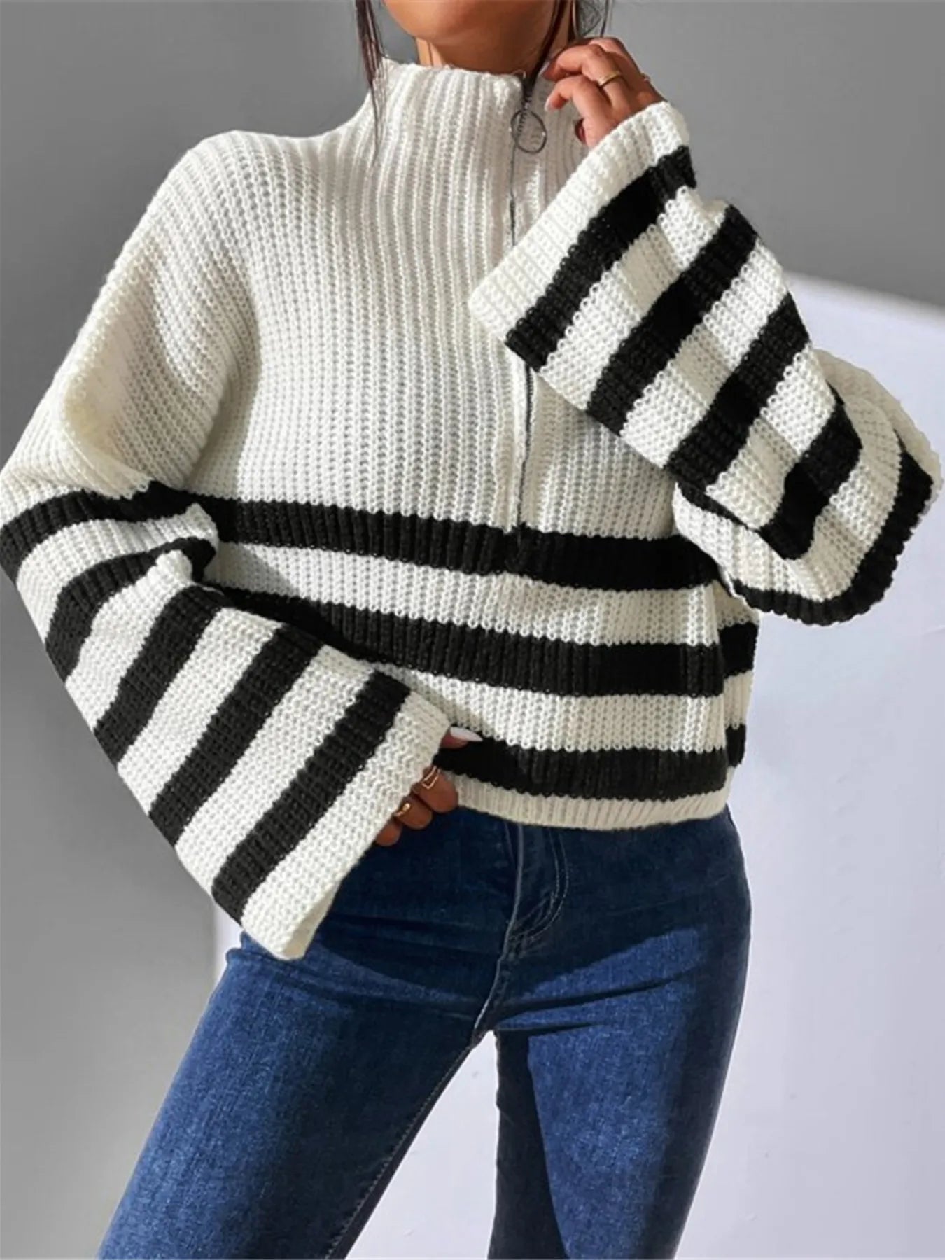 Striped Half Zip Cropped Sweater - Premium variable from Tooksie - Just $39.99! Shop now at Tooksie