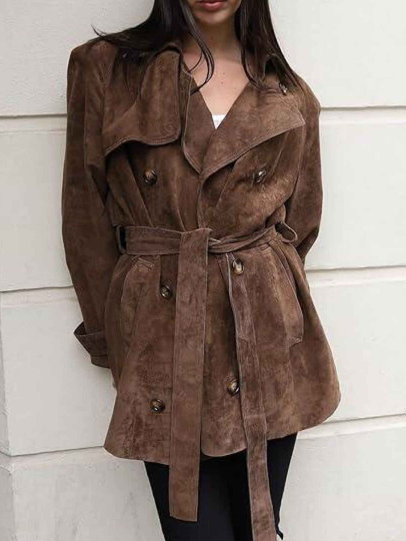 Double Breasted Faux Suede Trench Coat - Premium variable from Tooksie - Just $87.99! Shop now at Tooksie