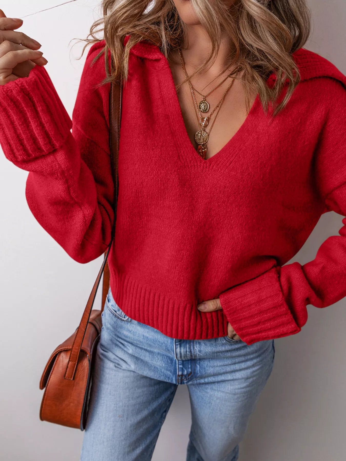 Collared V Neck Ribbed Edge Sweater - Premium variable from Tooksie - Just $44.99! Shop now at Tooksie