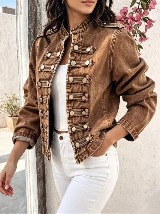 Washed Denim Military Inspired Jacket - Premium variable from Tooksie - Just $78.99! Shop now at Tooksie