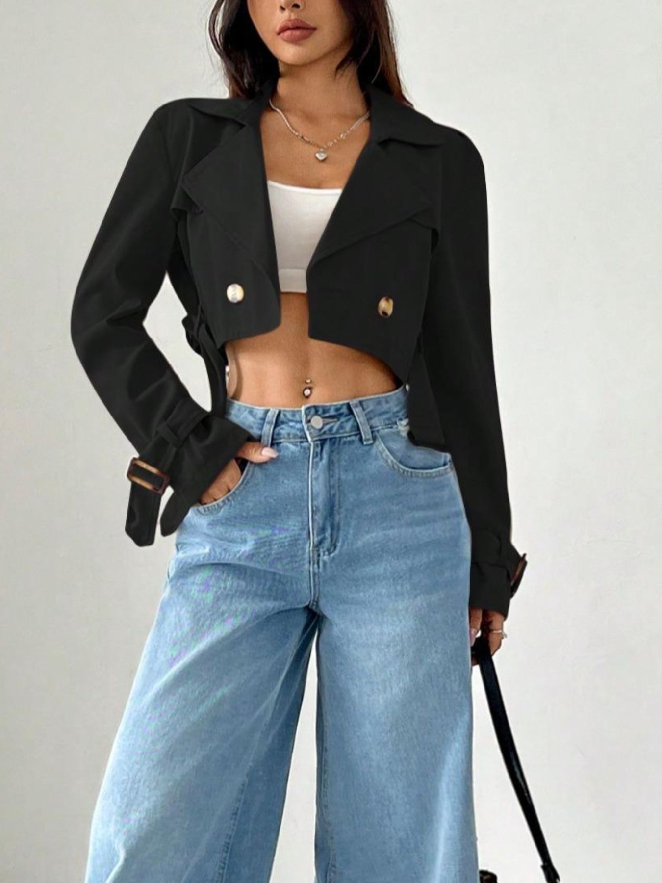 Double-Breasted Cropped Trench Coat - Premium variable from Tooksie - Just $47.99! Shop now at Tooksie