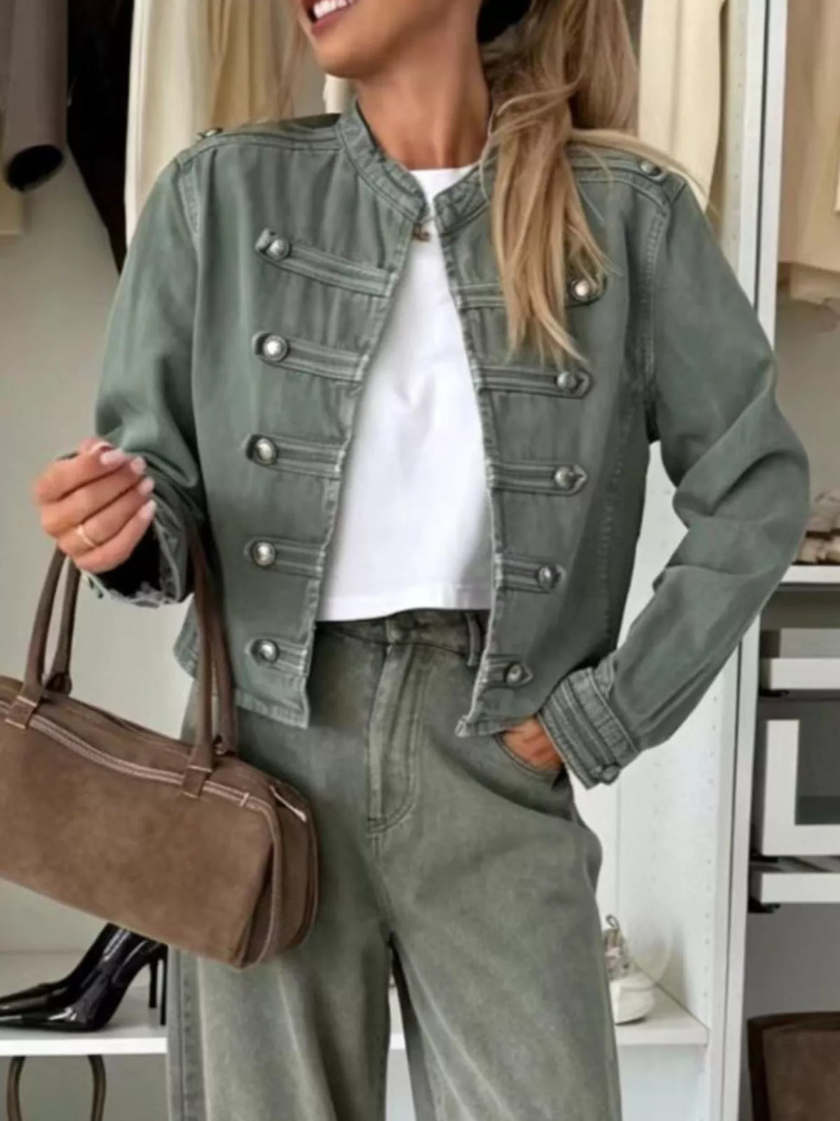 Cropped Denim Military Inspired Jacket - Premium variable from Tooksie - Just $77.99! Shop now at Tooksie