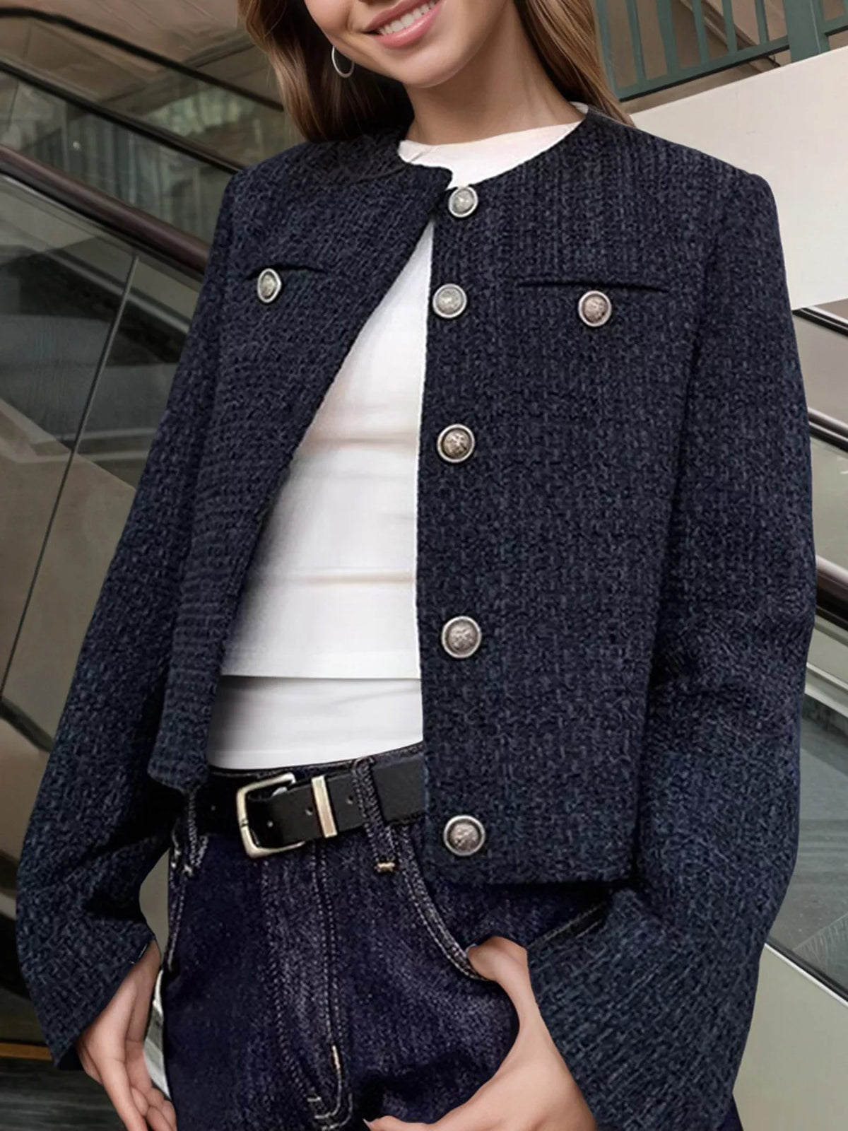 Tweed Collarless Button-Front Blazer - Premium variable from Tooksie - Just $65.99! Shop now at Tooksie
