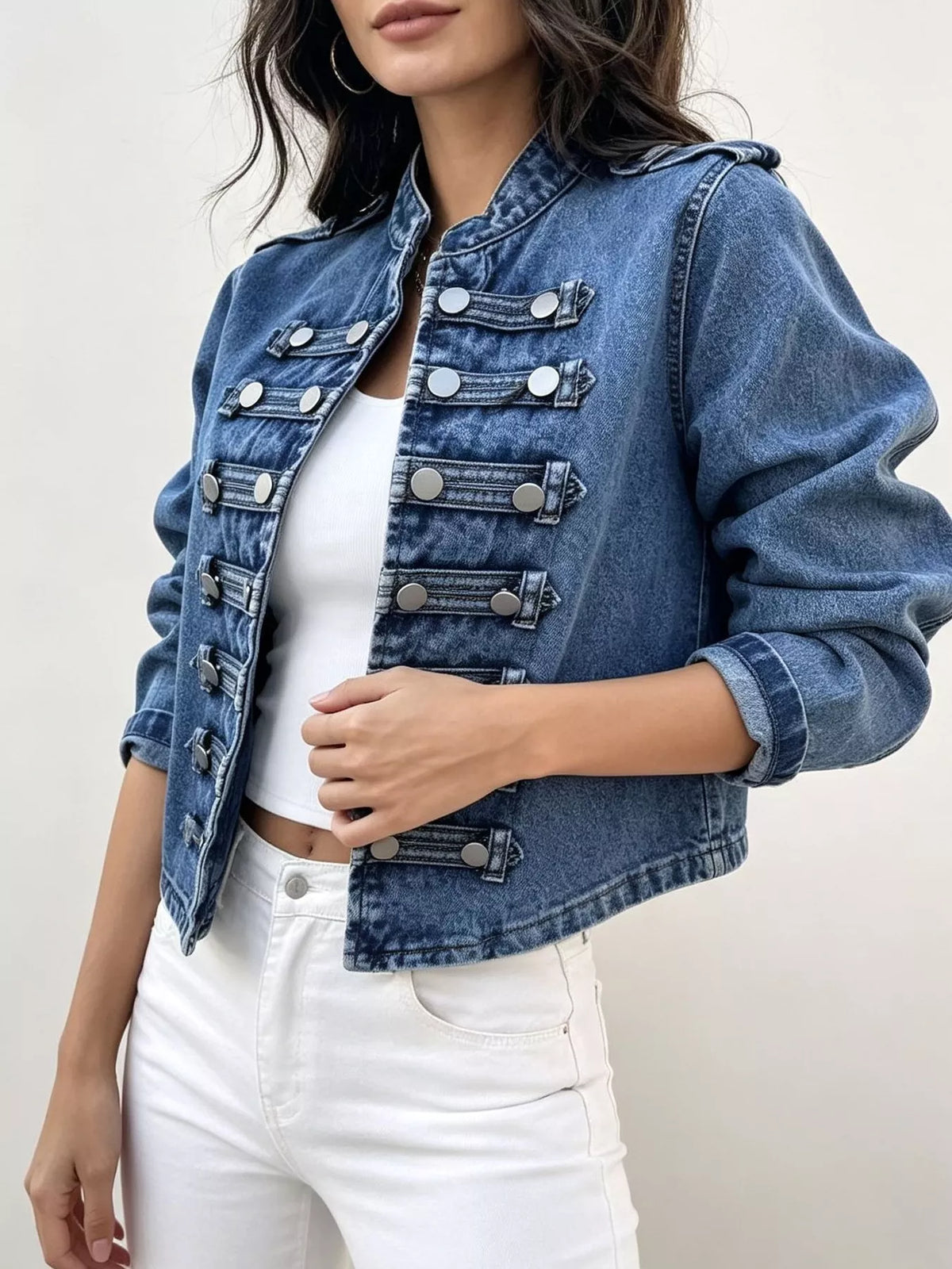 Washed Denim Military Inspired Jacket - Premium variable from Tooksie - Just $78.99! Shop now at Tooksie
