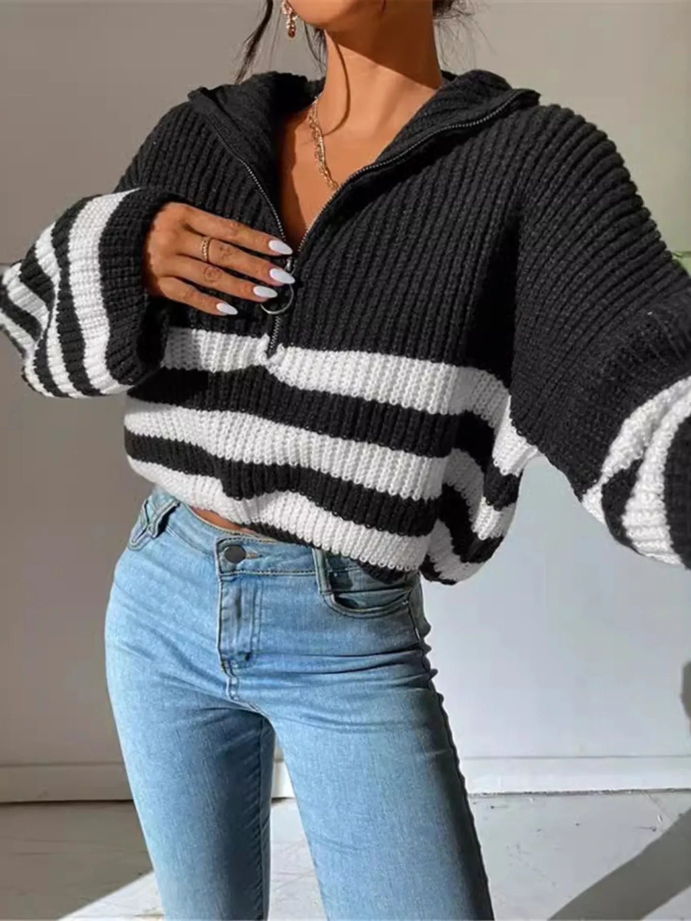 Striped Half Zip Cropped Sweater - Premium variable from Tooksie - Just $39.99! Shop now at Tooksie