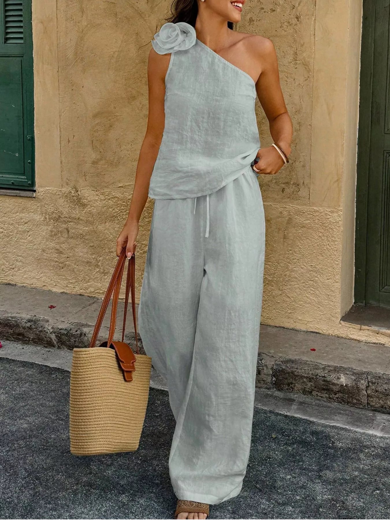 One-Shoulder Floral Embellished Top and Trouser Set - Premium variable from Tooksie - Just $46.99! Shop now at Tooksie