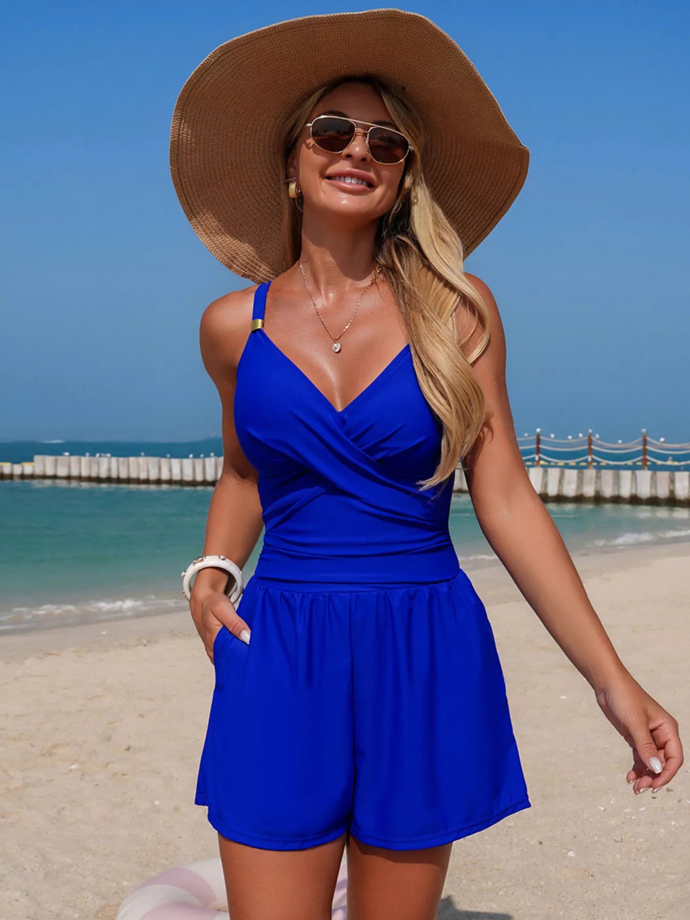 V-Neck Spaghetti Strap Swim Romper - Premium variable from Tooksie - Just $37.99! Shop now at Tooksie