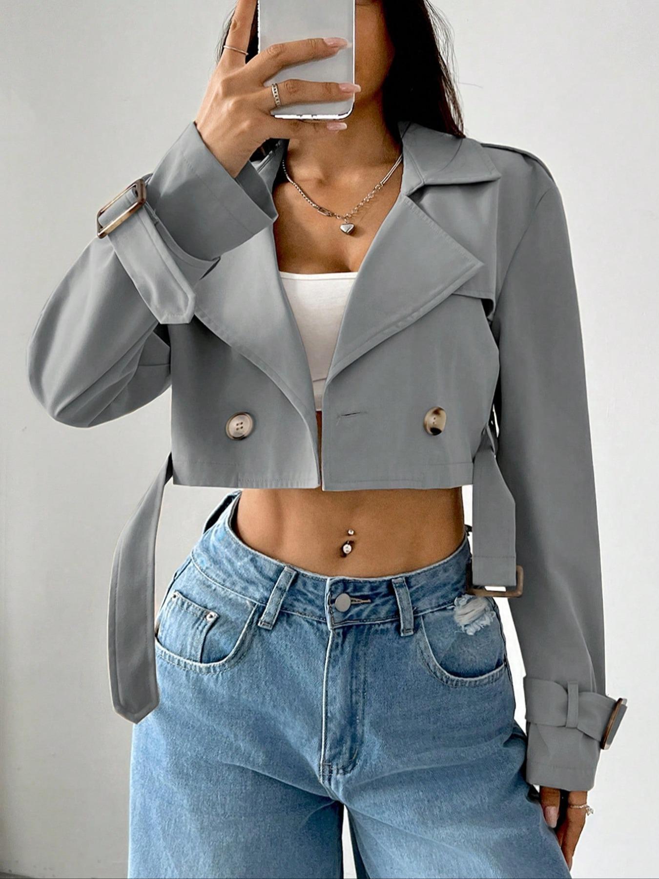 Double-Breasted Cropped Trench Coat - Premium variable from Tooksie - Just $47.99! Shop now at Tooksie