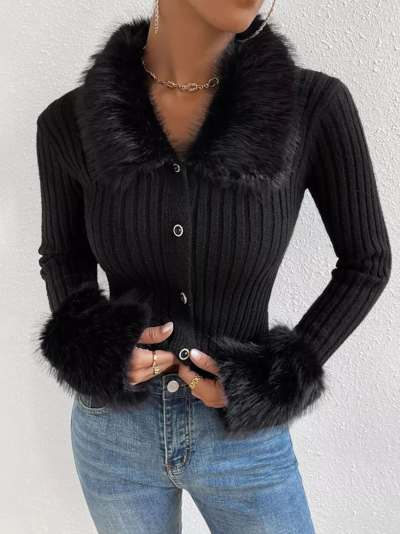 Faux Fur Trim Ribbed Knit Cropped Cardigan - Premium variable from Tooksie - Just $49.99! Shop now at Tooksie