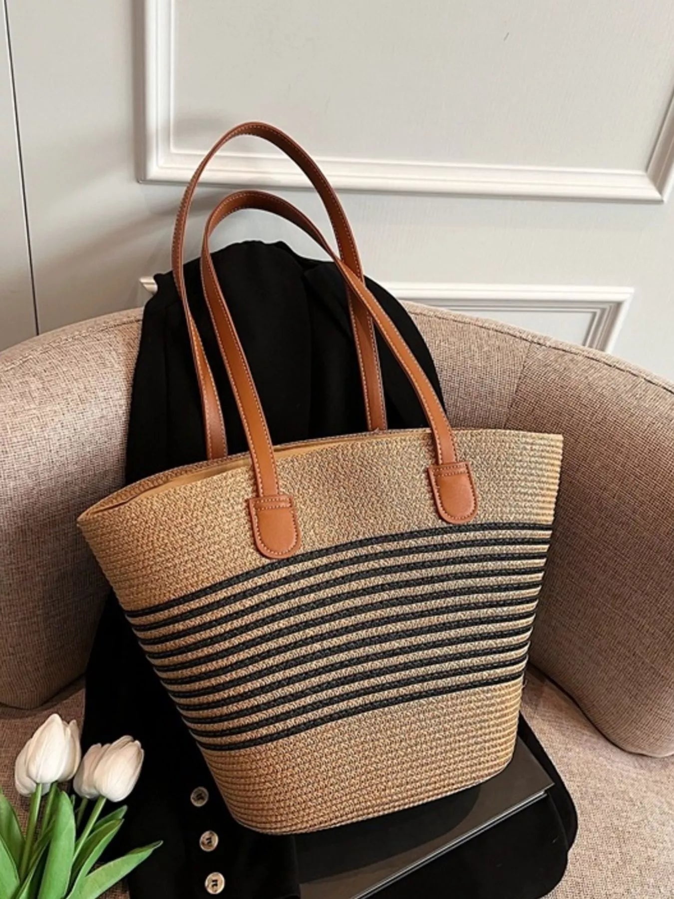 Striped Woven Straw Shoulder Bag - Premium simple from Tooksie - Just $33.99! Shop now at Tooksie