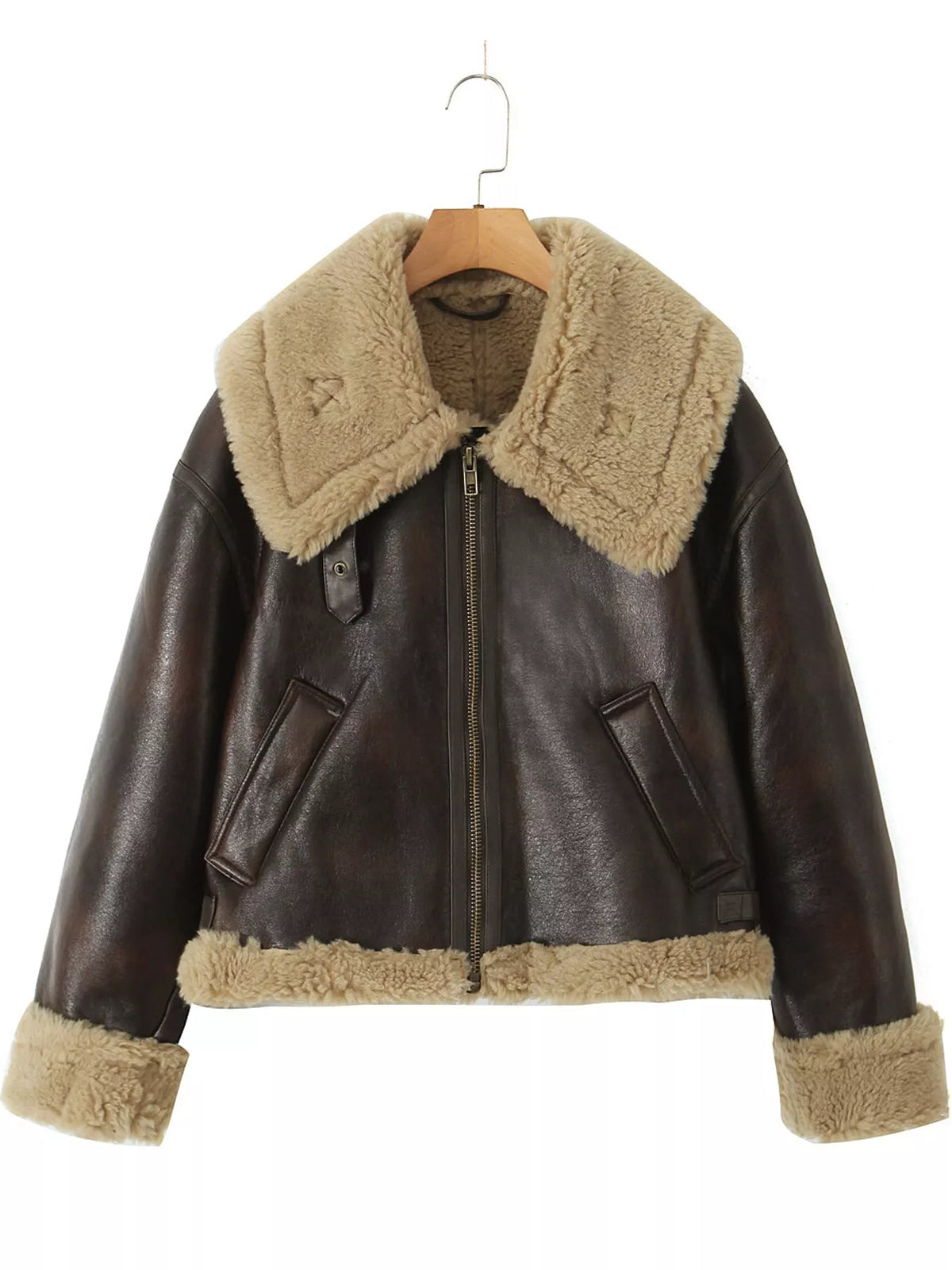Faux Leather Aviator Jacket with Shearling Trim - Premium variable from Tooksie - Just $120.99! Shop now at Tooksie