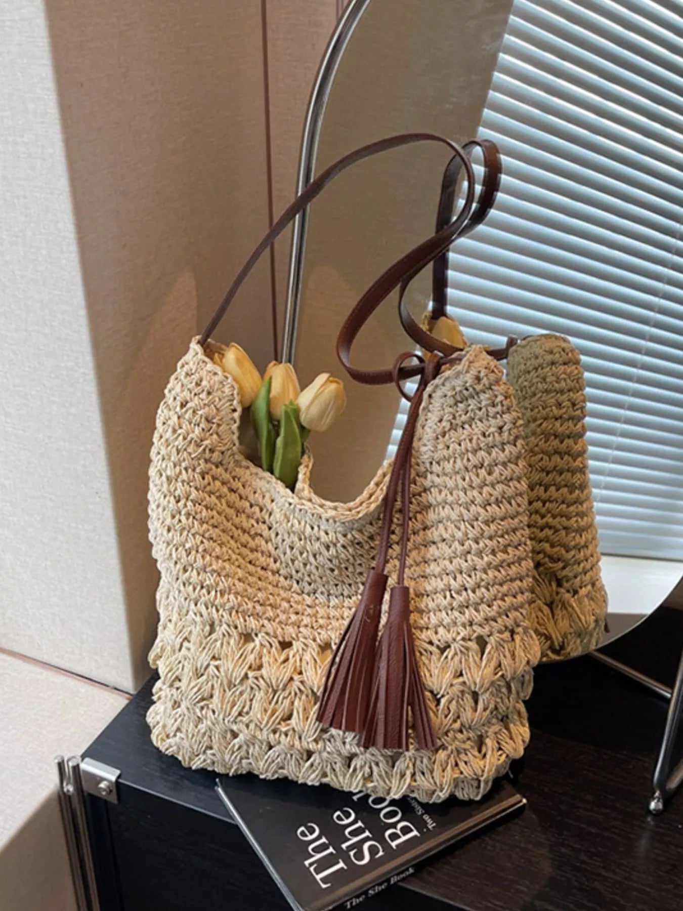 Woven Straw Shoulder Bag with Tassels - Premium simple from Tooksie - Just $34.99! Shop now at Tooksie