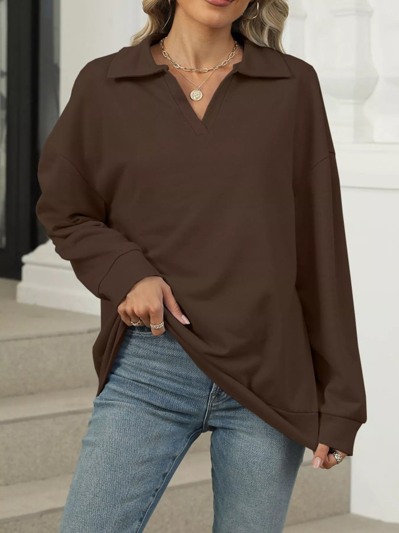 Collared Long Sleeve Sweatshirt - Premium variable from Tooksie - Just $30.99! Shop now at Tooksie