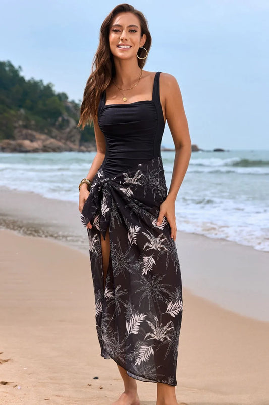 Square Neck Ruched Swimsuit with Printed Sarong Set - Premium variable from Tooksie - Just $39.99! Shop now at Tooksie