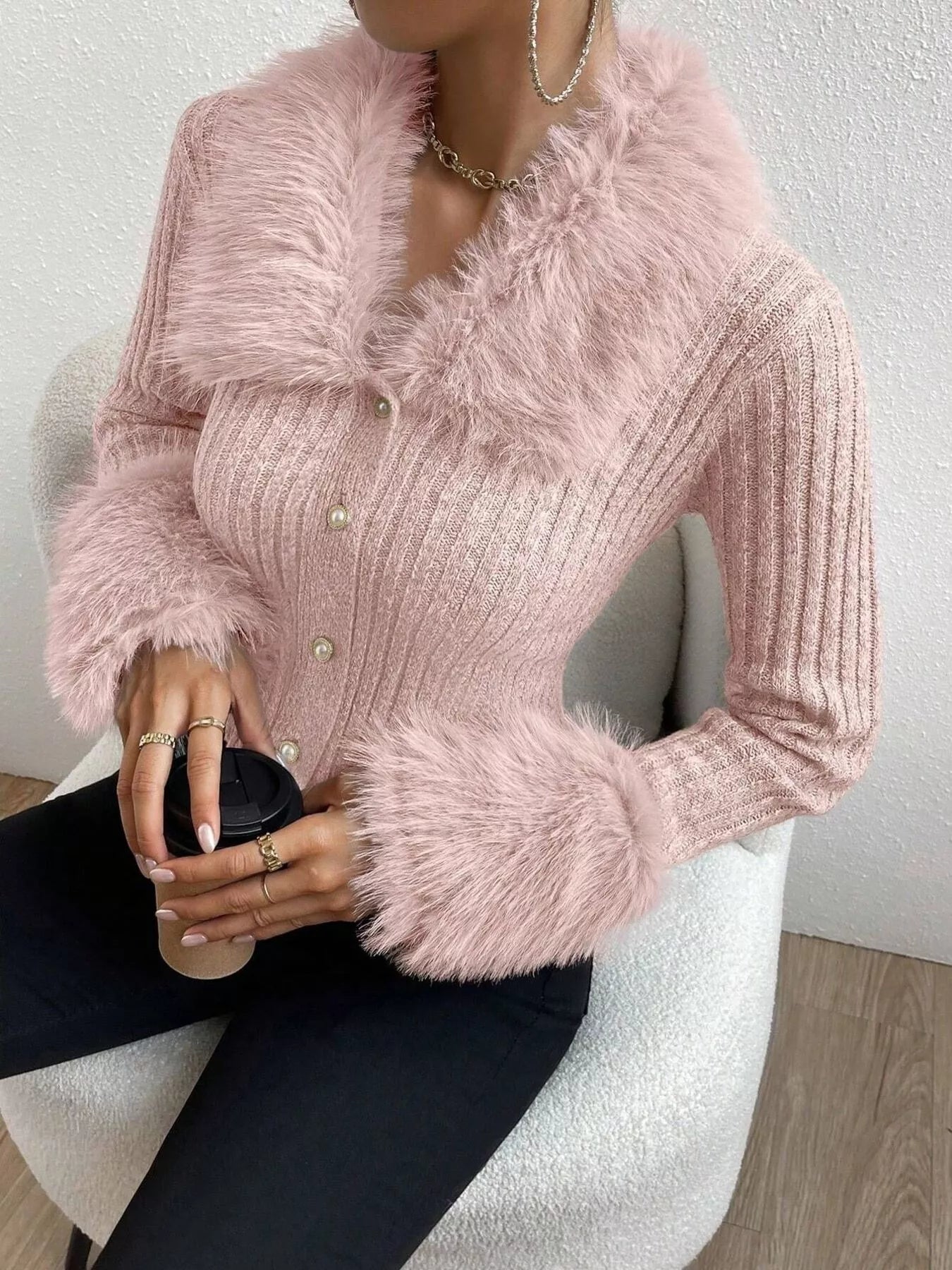 Faux Fur Trim Ribbed Knit Cropped Cardigan - Premium variable from Tooksie - Just $49.99! Shop now at Tooksie