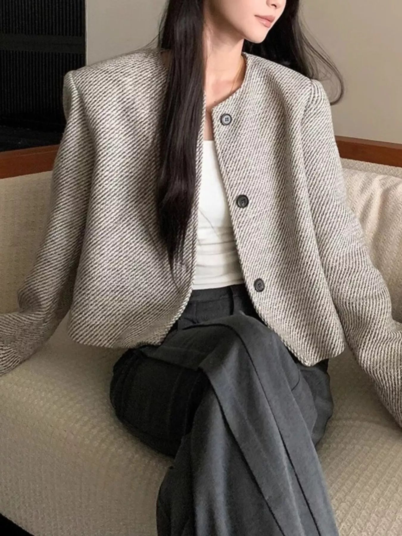 Button Up Tweed Cropped Jacket - Premium variable from Tooksie - Just $38.99! Shop now at Tooksie