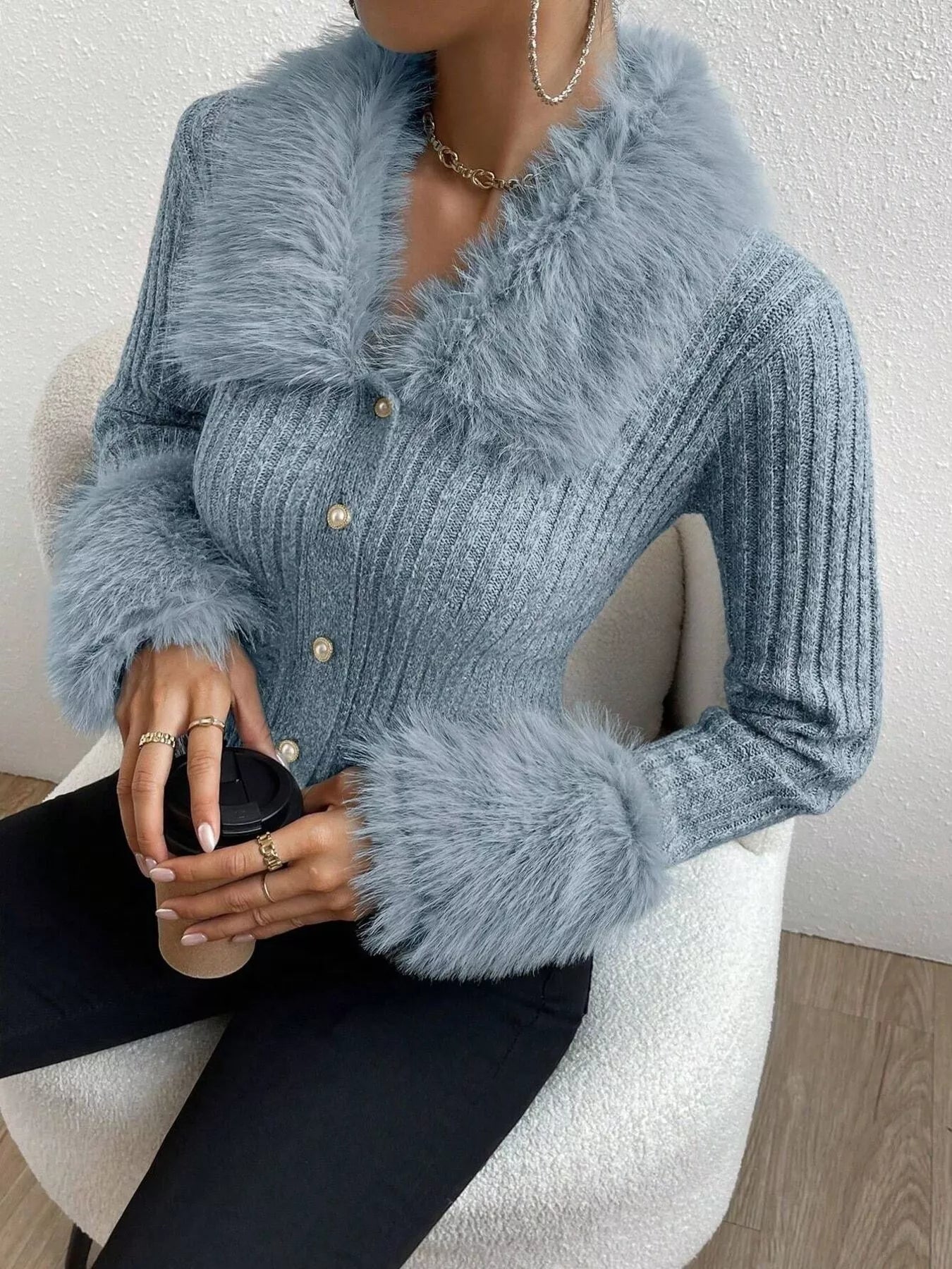 Faux Fur Trim Ribbed Knit Cropped Cardigan - Premium variable from Tooksie - Just $49.99! Shop now at Tooksie