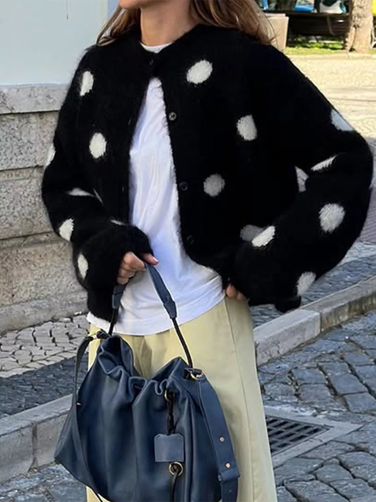 Polka Dot Fuzzy Knit Button-Up Cardigan - Premium variable from Tooksie - Just $54.99! Shop now at Tooksie