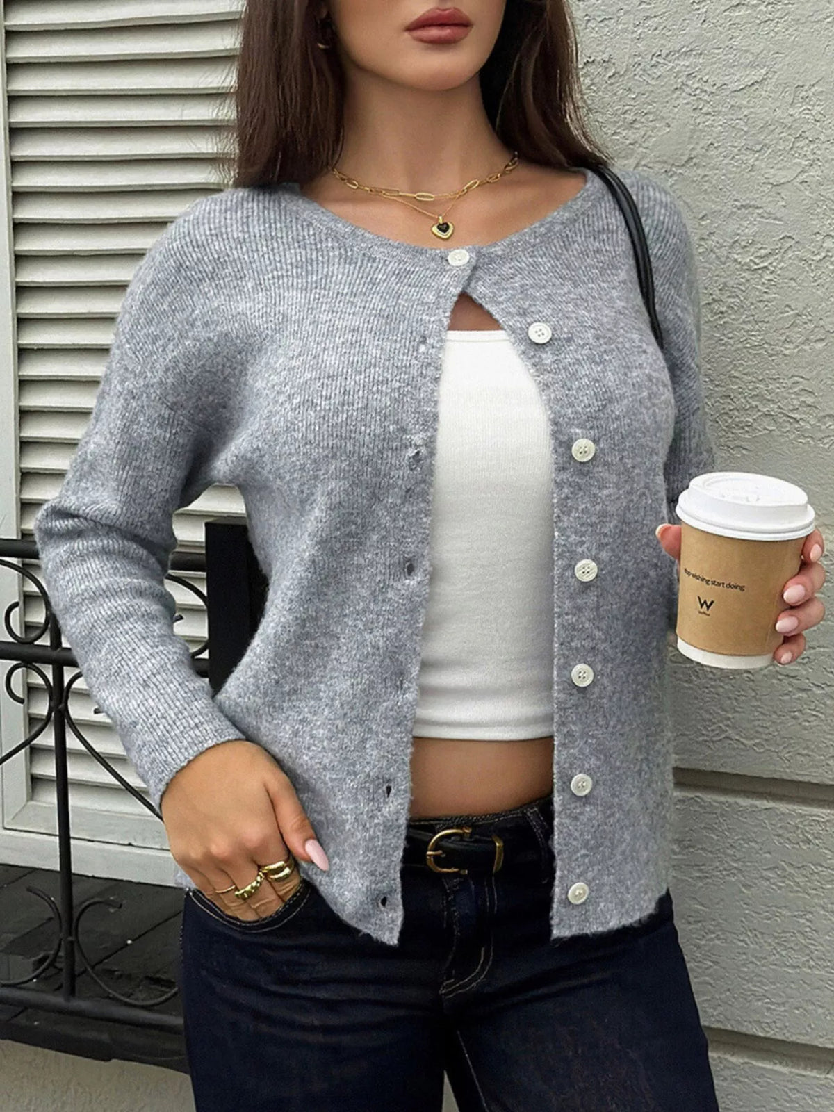 Ribbed Knit Button-Down Cardigan - Premium variable from Tooksie - Just $50.99! Shop now at Tooksie