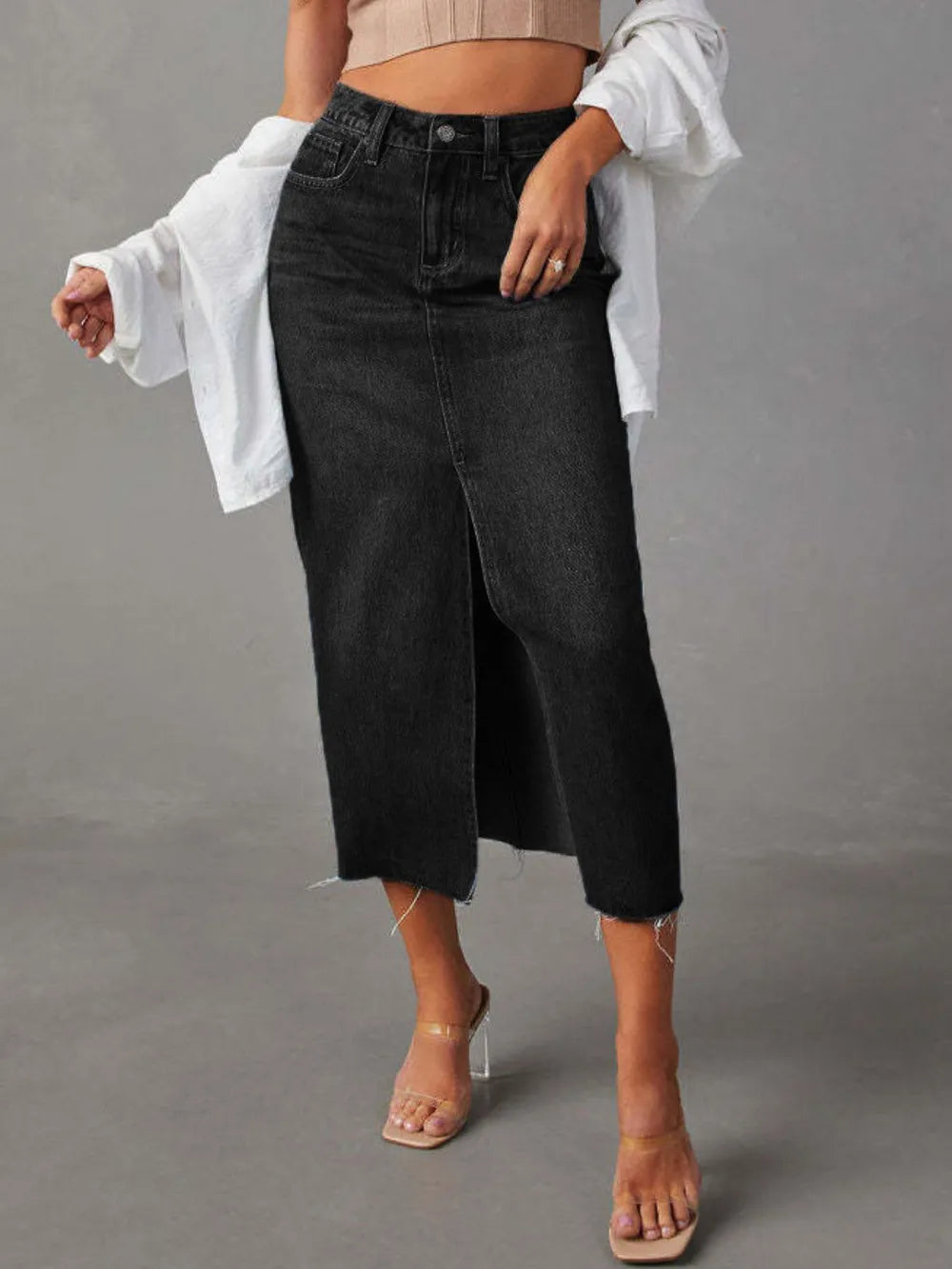 Raw Hem Front Slit Denim Midi Skirt - Premium variable from Tooksie - Just $34.99! Shop now at Tooksie